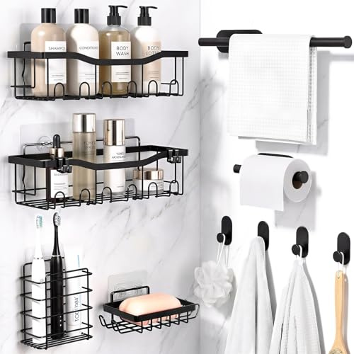WEWINK PLUS 10 Pack Black Bathroom Storage Accessories Set No Drill | with Shower Caddy No Drill, Adhesive Stainless Steel Shower Shelves, Towel Rail, Toilet Roll Holder, Wall Hooks for Organiser