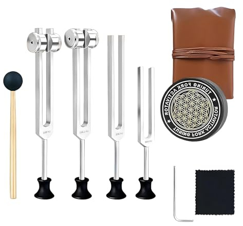 Tuning Forks for Healing Set (128hz, 136.1hz, 256hz, 384hz), Weighted & Unweighted Tuning Fork with Rubber Mallet Activator Pouch Base, Healing Instrument for Chakra Yoga Meditation