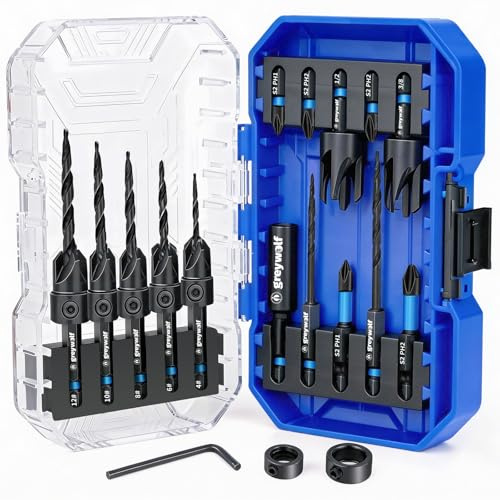Greywolf 18 pcs Countersink Drill bit Set, M2 high-Speed Steel Tapered Drill bits, 2 Wood Plug Cutters, Depth Stop Rings, 1/4-inch hex Shank Screwdriver bit, 82° Countersink Drill bit, with Box