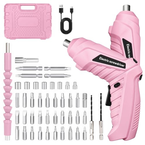 Electric Screwdriver, 48-in-1 Cordless Screwdriver Rechargeable 1300mAh, 46 Drill Bits Screwdriver Set Electric with LED Light, 180°Rotating Handle, Mini Drill Small Screwdriver for Home DIY, Pink