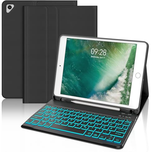 Hülle mit Tastatur für iPad 6./5. Generation 9,7 Zoll Beleuchtung, Schwarz | Tastatur für iPad Pro 9.7/Air 2 & 1, Bluetooth Magnetisch Abnehmbarer Keyboard Case, Deutsches QWERTZ Layout