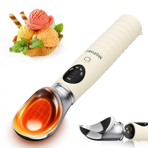 MQFORU Cuillère à glace chauffante, cuillère à glace électrique rechargeable avec écran LED, chaleur portable à 4 niveaux 40-70 °C, 2500 mAh pour glace dure, convient au lave-vaisselle (Beige)