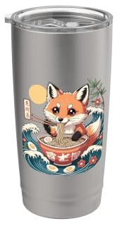 Cute Fox Eating Ramen Bowl Kawaii Kanji Waves Stainless Steel Insulated Tumbler