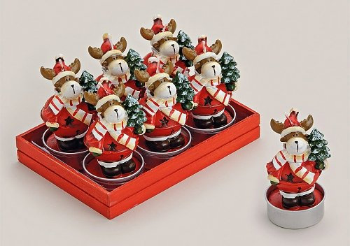 Teelicht Weihnacht Elch als Weihnachtsmann bunt 6er Set ca. 7 x 4 cm in Geschenkbox Holz/ Kunststoff