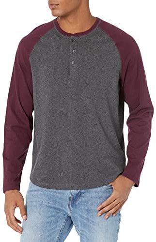 Amazon Essentials Men's Regular-Fit Long-Sleeved Henley Shirt (Available in Big and Tall), Charcoal Heather/Maroon, L