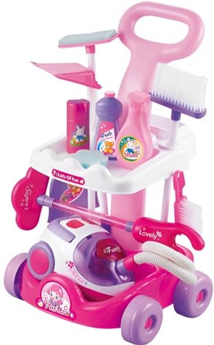Childrens Pink Cleaning Trolley Cart RolePlay Toy Set & Working Vacuum Cleaner Pretend Play
