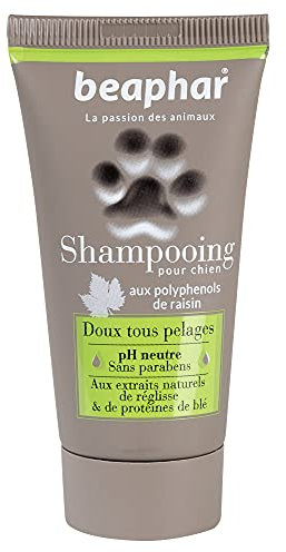 BEAPHAR – Shampoo premium morbido per tutti i mantelli per cani – Con estratti naturali di liquirizia & proteine del grano – Nutre, mantello sano e lucido – pH neutro & senza parben – 30 ml