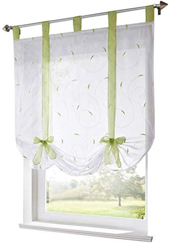 Goldion Raffrollo mit Stickerei Band Raffgardinen Voile Transparent Schlaufen Vorhang (Grün, BxH 80x140cm)