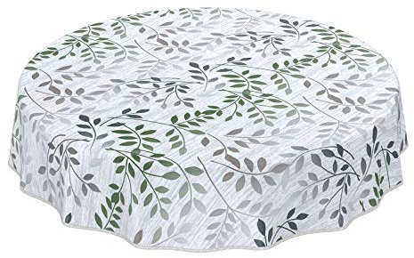 Wachstuchtischdecke abwaschbar Garten Tischdecke Wachstuch Rund Oval Eckig Indoor Outdoor Blätter Silber Grün Rund 100cm mit Saum - Eingefasst