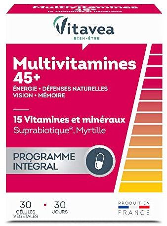 Vitavea-Complément Alimentaire Energie,Défenses Naturelles,Vision,Mémoire Multivitamines et Minéraux(Zinc,Fer,Vitamine C,Vitamine D)Suprabiotique et myrtille-30 gélules-Cure de1mois-Fabriqué en France