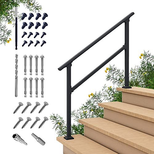 CHR Pasamanos de 4 peldaños para exteriores para escalones al aire libre, kit de soporte barandilla de escalera de hierro forjado negro (pasamanos de 3 a 4 escalones)