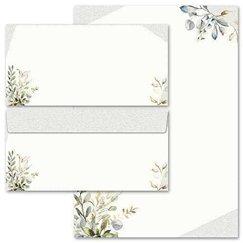 Briefpapier Sets Motivpapier Blumen & Blüten, GRÜNE ZWEIGE 100 Blatt Briefpapier + 100 passende Briefumschläge DIN LANG ohne Fenster