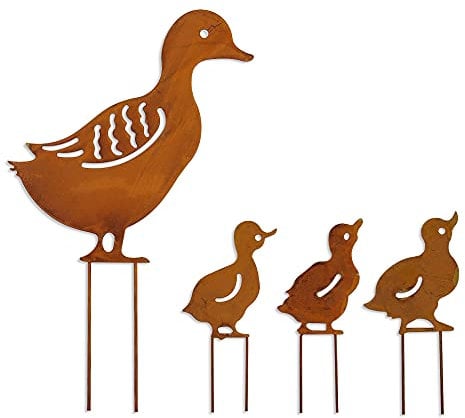 4 Stück Tier-Silhouetten-Statuen aus Metall – Ente, Hof, Rasen, Gartendekoration (gelb)