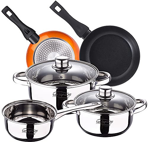 Bateria de cocina 5 piezas SAN IGNACIO Cassel, acero inoxidable, con juego sartenes (20/24 cm) BERGNER Neon Classic en aluminio forjado