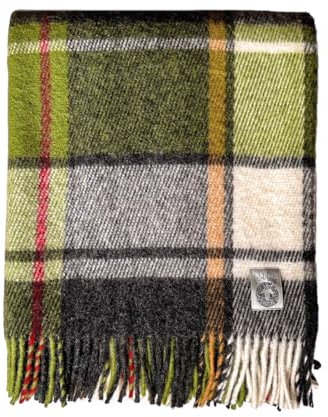 JOWOLLINA WOOLONLY 100% Lammwolle Wolldecke Plaid Karo Schottenmuster Tartan (Grün/grau, 175x210 cm)