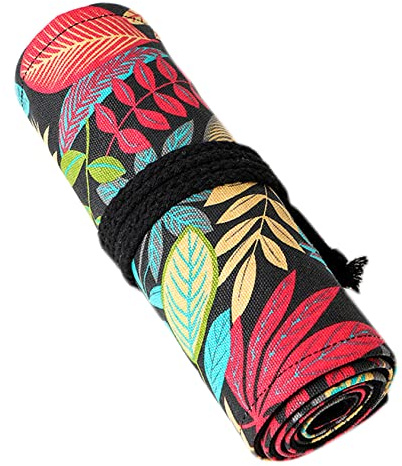Anawakia Wrap Toile Portable Pot à Crayons de Voyage Porte-Crayons de Couleur Trousse Roll-up Organisateur (Feuilles, 12 Slots)