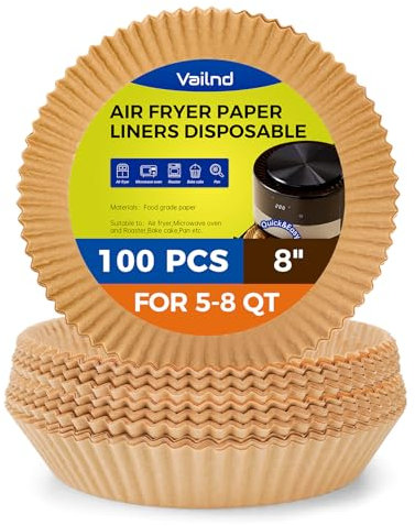 vailnd Air Fryer Paper Liners Disposable: 8 Inch Max Xl Large Cooker Air Fryer Disposable Paper Liners, 100Pcs Oil Proof Parchment Sheets Round Basket Bowl Liner for Baking Cooking Food from