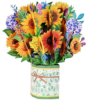 Pop-Up Blumenkarte für Mama, 24,8 x 24,8 cm 3D Blumen Klappkarte zum Muttertag, Blumenstrauß Karte mit blanko-Umschlag für Geburtstag, Muttertag, Jahrestag (Sonnenblume)