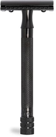 MERKUR Rasierhobel 23B | Klassiker mit langem Griff Schwarz | Dreiteiliger Rasierer mit geradem Schnitt | Geschlossener Kamm | Ideal für Nassrasur | Messing Griffstück | Made in Germany