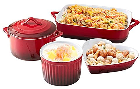 SERUMY Lasagnera da Forno Set di bakeware in Ceramica Rossa, Ceramica in Ceramica a 4 Pezzi Casseruola in Ceramica Lasagna Pans Casseruola Piatto Casseruola for Cucinare, Torta Cena, Cucina Lasagnere