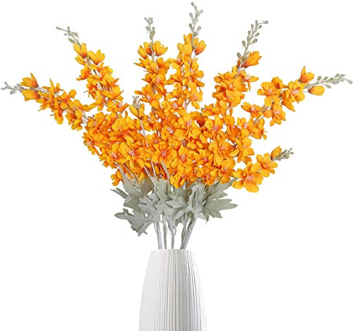 IPOPU Delphinium Blumen Künstliche Blumen 6 Stück Orange Rittersporn Blume 85,1 cm langer Stiel Kunstblumen für hohe Vase, Seidenblumen für Haus, Garten, Hochzeitsarrangement (Orange)