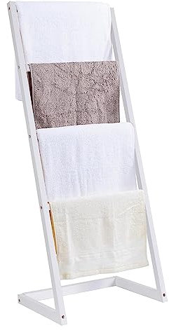 Vencier Bamboo Freestanding Towel Rack Drying Stand with Four Hanging Rails Wooden Bathroom Clothes Rack Clothing & Towels Freestanding Holder (White)