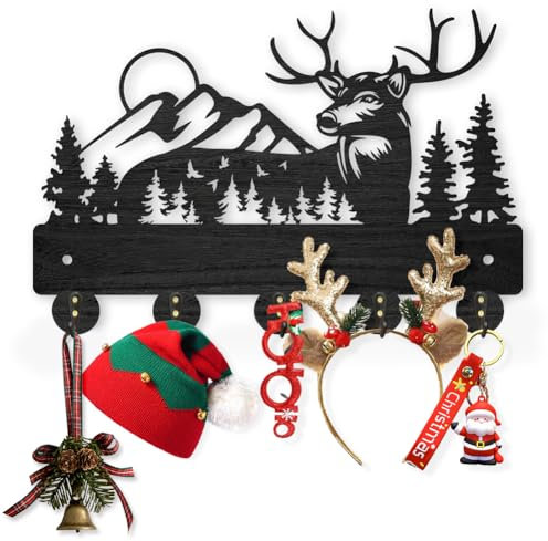 MAYJOYDIY Porte Clés Mural en Bois en forme de cerf 30 x 20 cm crochets en bois décoration murale de montagne forestière, 5 crochets en alliage pour Rangement Des Clés et Courrier à L'entrée