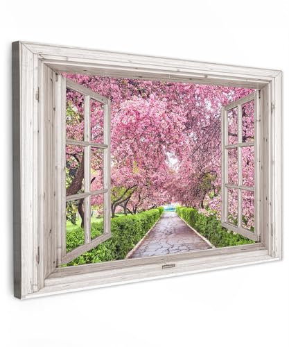 MuchoWow© Leinwandbild Klein 30x20 cm Mini Dekoration Wohnzimmer Bilder Aufhängen Wall Decoration Living Room Wohnungs Deko Moderne Japanisch - Sakura - Blüte - Baum - Blütenzweige - Fensterblick