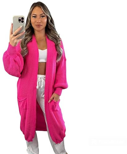 Alam Exclusive Cardigan lungo da donna lavorato a maglia con maniche a palloncino con 2 tasche, aperto sul davanti, cardigan boyfriend top UK, Fucsia, 40-46
