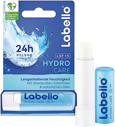 Labello Hydro Care Lippenpflegestift, mineralölfreie Lippenpflege mit LSF 15 für 24h Feuchtigkeit, Lippenbalsam mit Sheabutter, Vitaminen und natürlichen Ölen (4,8 g)