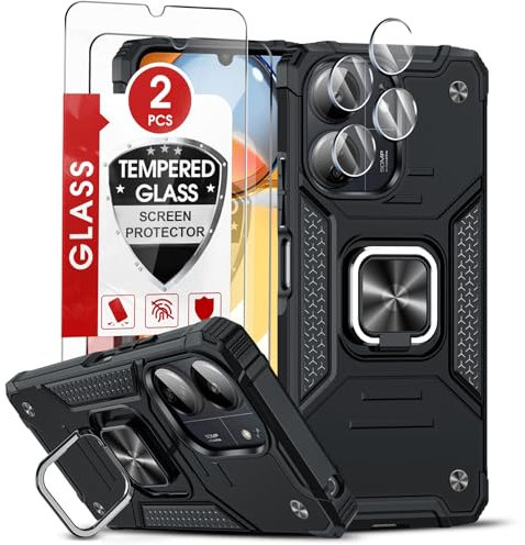 LeYi Handyhülle für Xiaomi Redmi 13C Hülle mit 2*Schutzfolie & 2*Kamerafolie, Militärischer Ständer Redmi 13 C 4G/5G Schutzhülle 360° Metall Ring Halter Stoßfest Hardcase Cover Schwarz