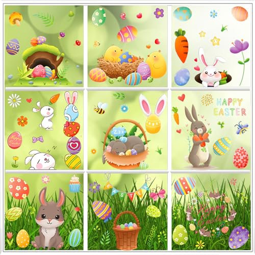 Omlisca Lot de 9 feuilles d'autocollants de fenêtre de Pâques avec inscription « Happy Easter » - Pour la maison, le bureau, l'école, la salle de bain, le réfrigérateur, la décoration de fête
