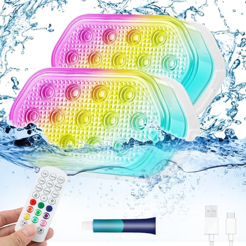QOLNBY Lot de 2 lampes de piscine, lumières LED submersibles rechargeables, étanches IP68, 16 lumières flottantes à changement de couleur avec télécommande, aimant, ventouses pour baignoires,