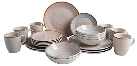 van Well Túnez - Vajilla para 6 personas – Vajilla combinada de 24 piezas de gres en gris claro, gris oscuro y rosa – Vajilla redonda – Espiral pintada a mano con borde de color