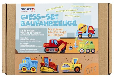 GLOREX 6 2608 502 - Giess Bastelset mit Magneten, Motiv: Baufahrzeuge, inkl. Zubehör zur Herstellung von Baustellen-Fahrzeugen, für Kinder ab 6 Jahren