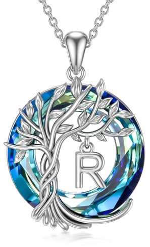 TOUPOP Tree of Life Gifts Initial Letter R Necklace 925 Sterling Silver Tree of Life Pendant Necklace Blue Crystal Family Irish Jewellery Anniversary Graduation Birthday Gifts for Women Daughter Lady