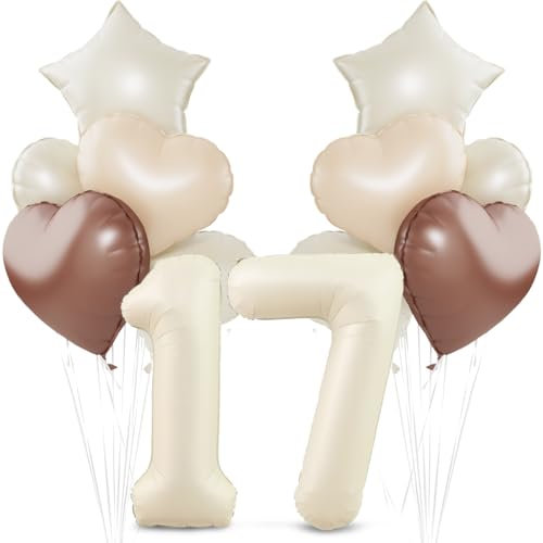 Beige Luftballon 17.Geburtstag,Cremeweiß 17. Geburtstag Ballon Deko,XXL 40 Zoll luftballon 17.,Beige Aprikose Braun Herz Stern Folienballons,für 17 Jahre Geburtstagsdeko Jubiläum Party Dekoration