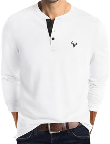 KUYIGO Men's Henley T Shirts Colour Block Golf Tennis Fashion Sweatshirt M White