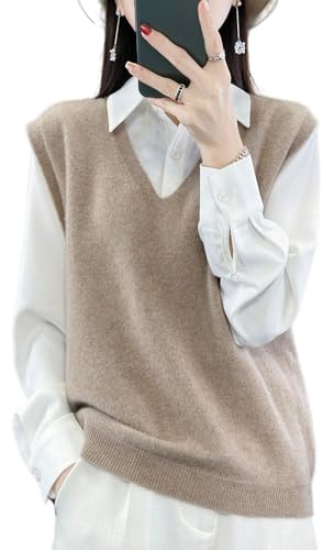 Ailaile Women's V-Neck Knit Sweater Vest 100% Merino Wool Lightweight Sleeveless Pullover Basic Vest Short Tops Camel