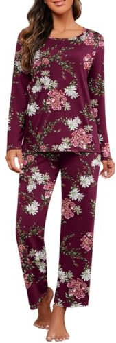 PrinStory Schlafanzug Damen Rundhals-Ausschnitt Pyjama Set Langarm Soft Nachtwäsche Lounge Wear Sets Für Frauen Mit Taschen (Blumen Weinrot, L)