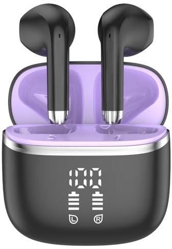 Wireless Earbuds, Bluetooth 5.3 Headphones with 4 ENC Noise Cancelling Mic, HiFi Stereo Deep Bass, 40H Playtime, IP7 Waterproof Bluetooth Earphones, Bluetooth Earbuds Dual LED Display, Dark Purple