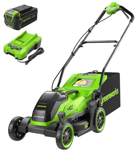 Greenworks 40V 14”​ Brushless (Push) Cordless Lawn Mower, 4.0Ah Battery and Charger