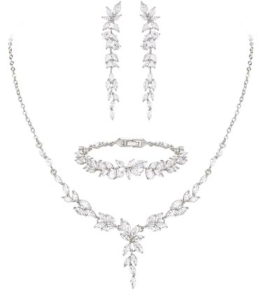 EVER FAITH Cubic Zirkonia Schmuck Set für Braut Brautjungfer, elegante Marquise Blatt Blume Hochzeit Halskette baumeln Ohrringe Armband für Damen klar Silber-Ton