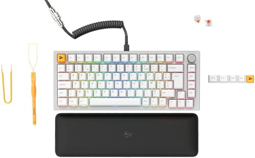 Glorious Gaming GMMK PRO 75% - Clavier de jeu mécanique modulaire, TKL, cadre 1,5 kg, personnalisable, câble spiralé, repose-poignets, touches blanches, RGB, Disposition AZERTY française - Blanc