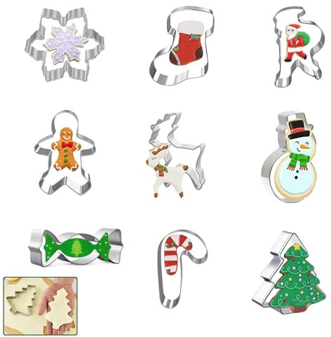 BAIYSFFG Christmas Cookie Cutter,Christmas Cutters Stainless Steel Gingerbread Boy,Christmas Tree,Snowflake,Reindeer,Snowman,Santa Claus,Bell for Kids,Gloves and More (Christmas 9 PCS)