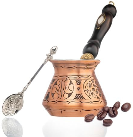 7.6fl Oz Copper Turkish Greek Arabic Coffee Pot with Copper Handle - Cezve Ibrik Briki Stovetop Coffee Maker (Includes Copper Spoon) (2 servings)
