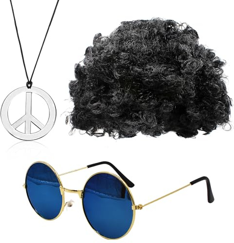 PQJSJDR Hippie-Disco-Kostüm-Set, flippige Afro-Perücke, blaue Sonnenbrille, Friedenszeichen-Halskette für 50er/60er/70er-Jahre-Retro-Party-Zubehör, Herren, Wome Rock-Thema, Verkleidungspartys,