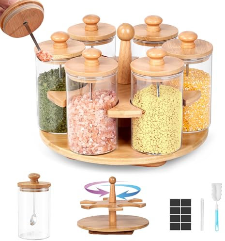 SXTIHD Estante giratorio para especias de bambú, 6 tarros para especias de 330 ml con cuchara, carrusel de madera para la cocina, etiquetas