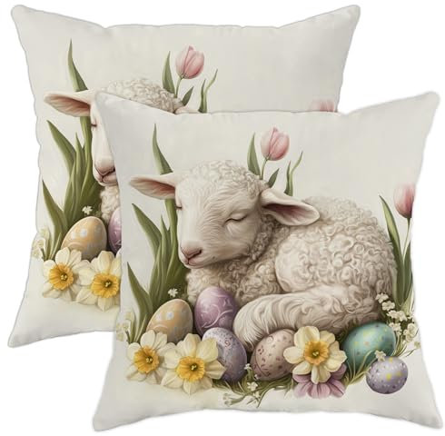 Niedliche Oster-Lamm-Kissenbezüge, Pastellfarben, dekorative Wurfkissen, Frühlings-Dekoration für Sofa, Bett, Couch, Dusche, 50,8 x 50,8 cm, 2 Stück