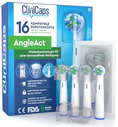 16 Aufsteckbürsten Zahnbürstenköpfe Kompatibel mit Oral-B Zahnbürsten Abgewinkelte Borsten für Tiefenreinigung CliniCaps AngleAct Doppelter Aseptischer Schutzbeutel und Schutzkappe